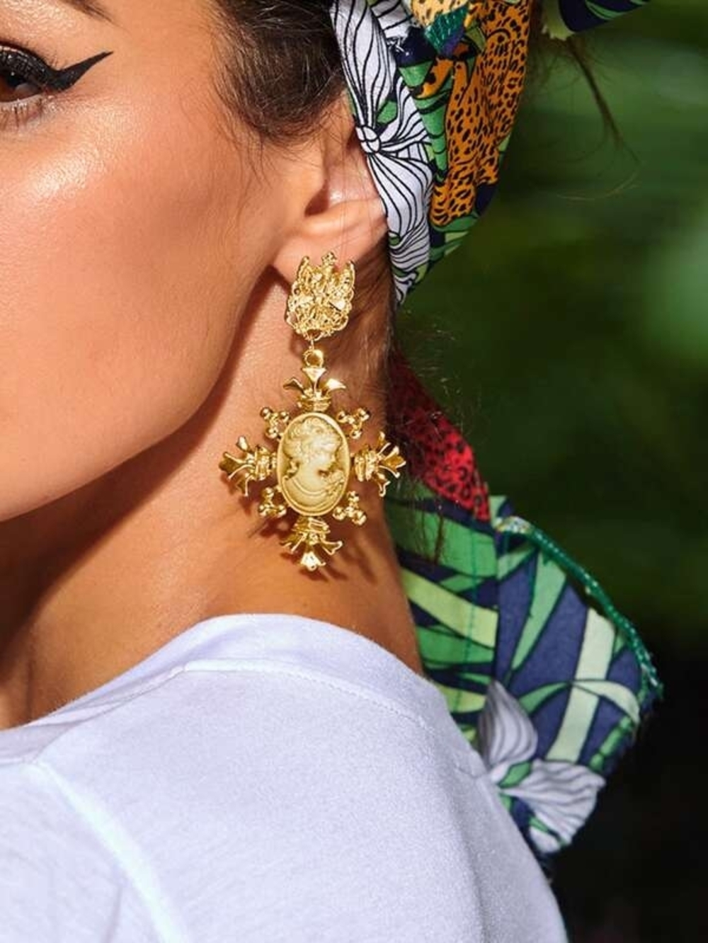 Victorian Vintage Inspired Gold Cameo Cross Drop Earrings - Picture 2 of 3